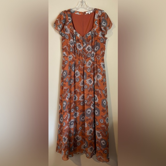 Madewell Terracotta Floral Short Flutter Sleeve Scoop Neck Midi Dress Size 6 - Picture 4 of 12
